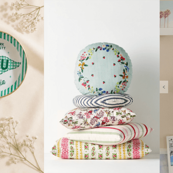 Personalized university dishes, patterned pillows, and a mounted hair dryer.