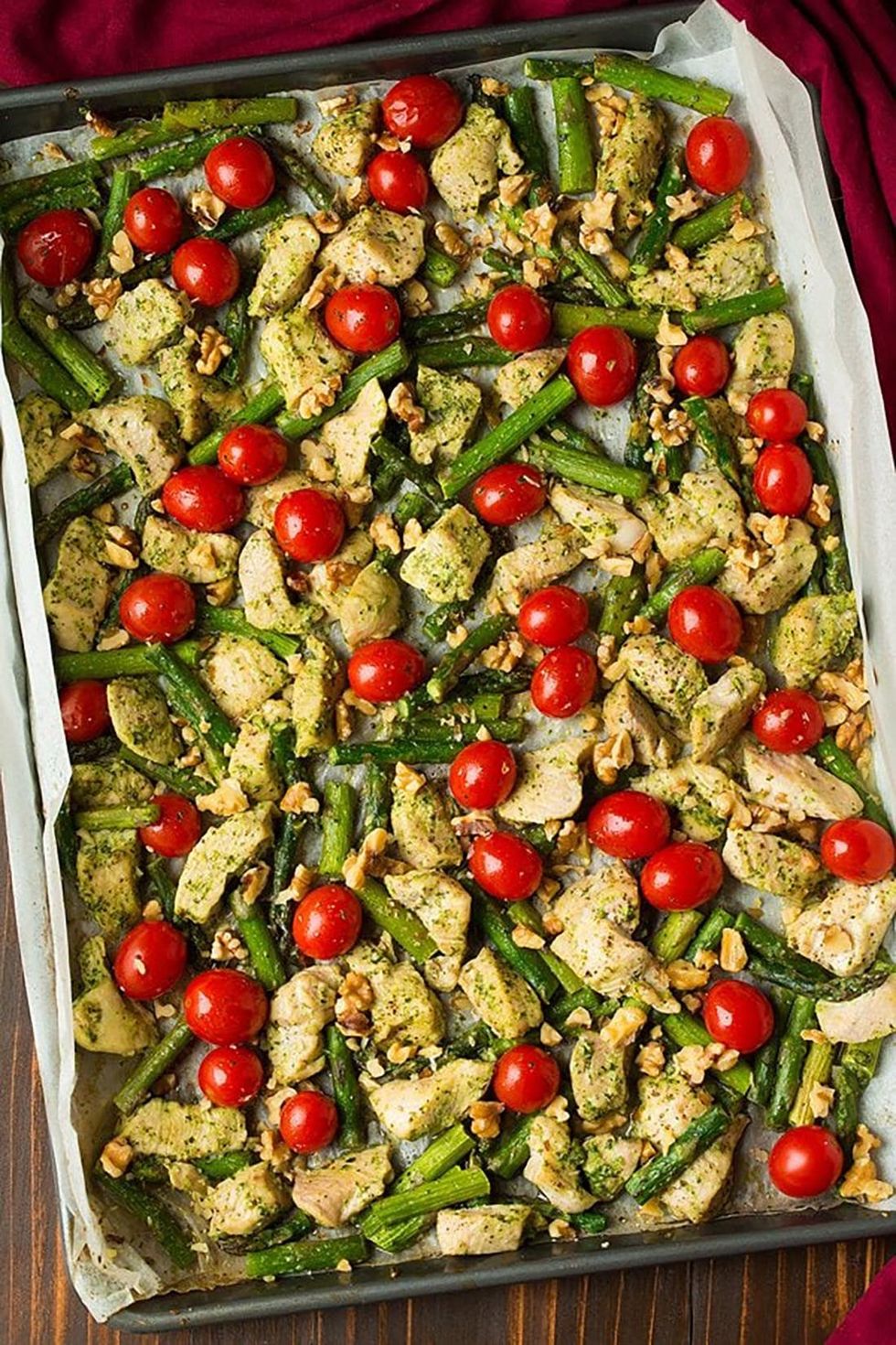 pesto chicken with asparagus tomatoes and walnuts