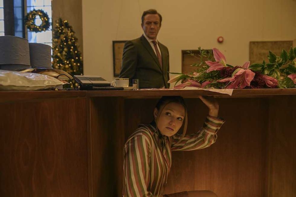 Peter Serafinowicz and Olivia Holt in Jingle Bell Heist on Netflix