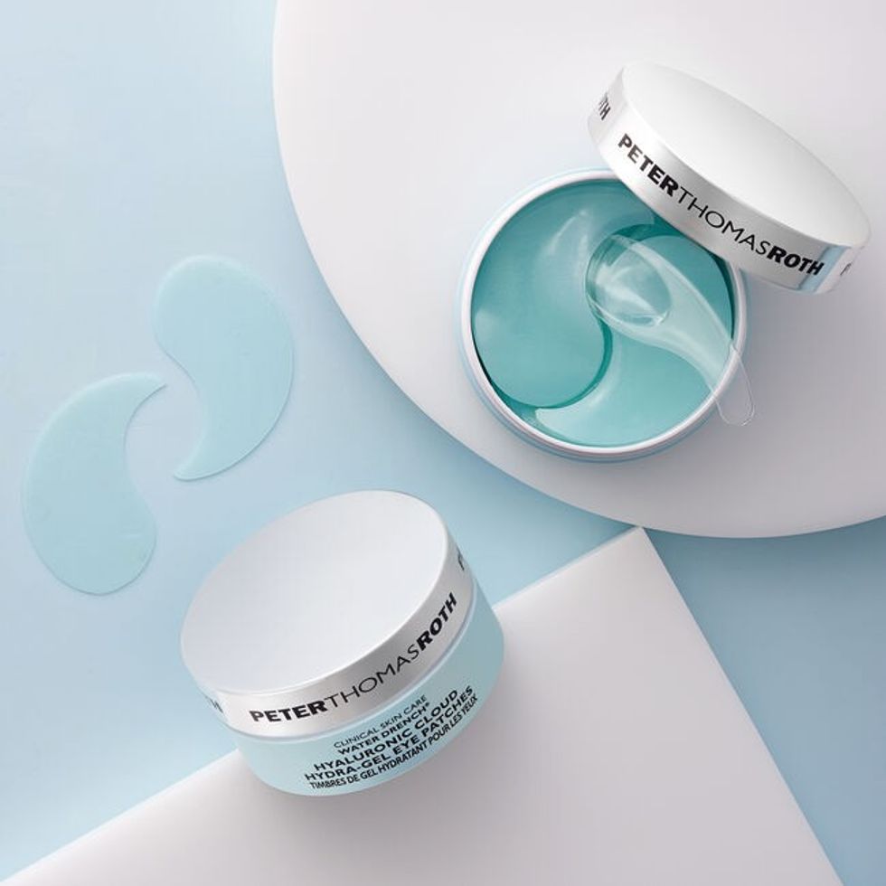 Peter Thomas Roth under-eye patches are shown against a blue background.
