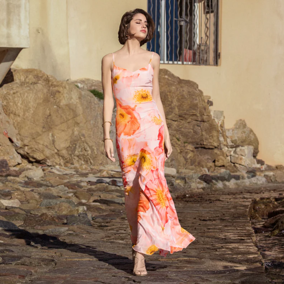 Ph\u00e8me Paris Long Flared Floral Silk Dress