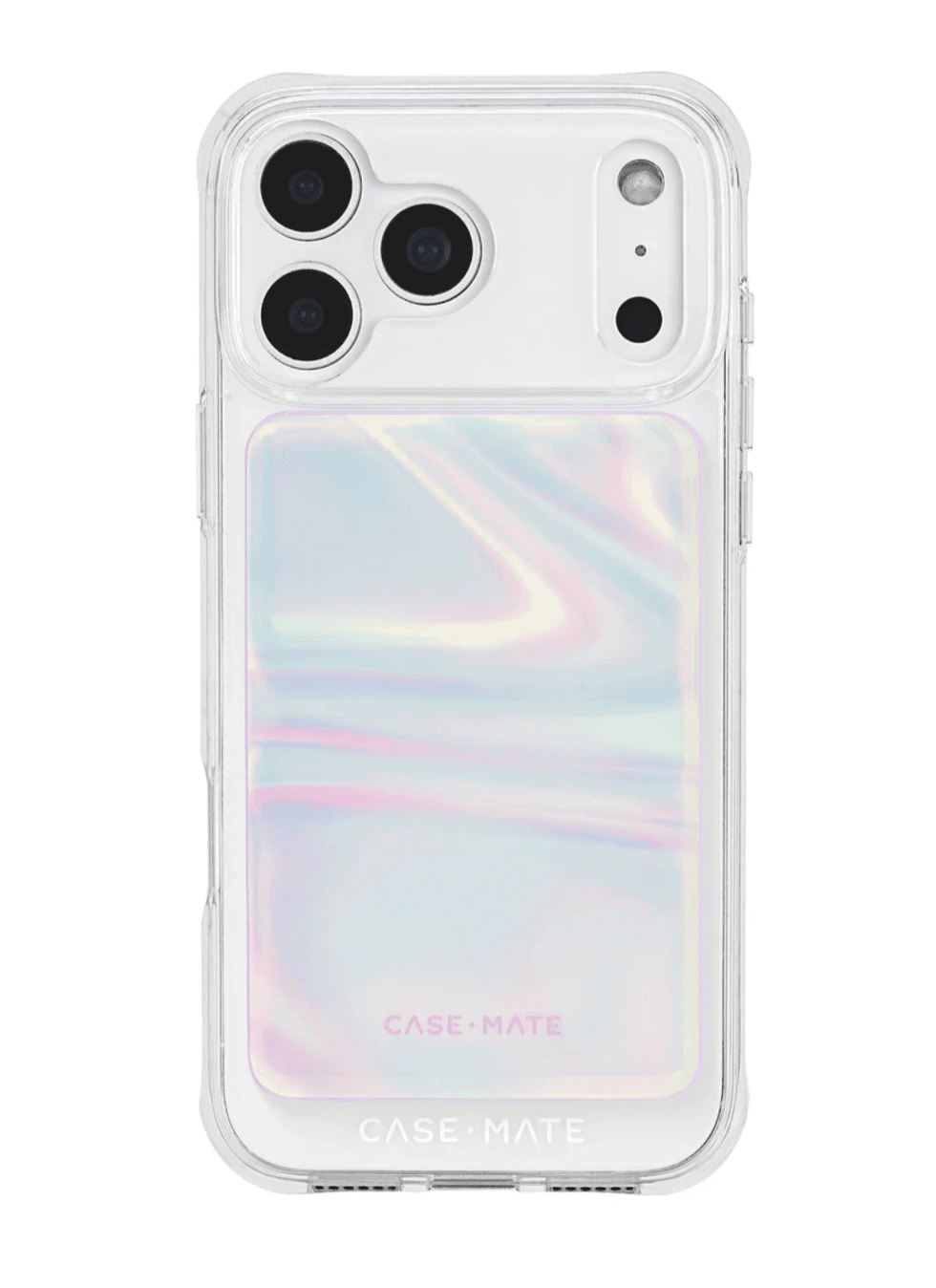 Phone case with iridescent back and transparent edges, showing triple camera cutout.