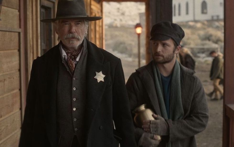 Pierce Brosnan and Brandon Lessard in The Unholy Trinity