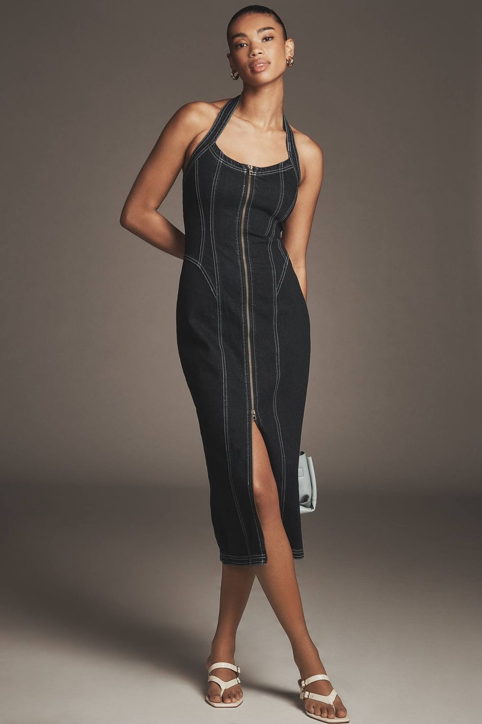 Pilcro Front-Zip Halter Denim Midi Dress