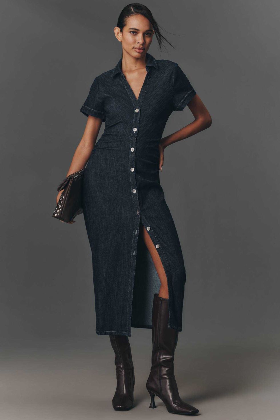 Pilcro Short-Sleeve Ruched Denim Midi Shirt Dress