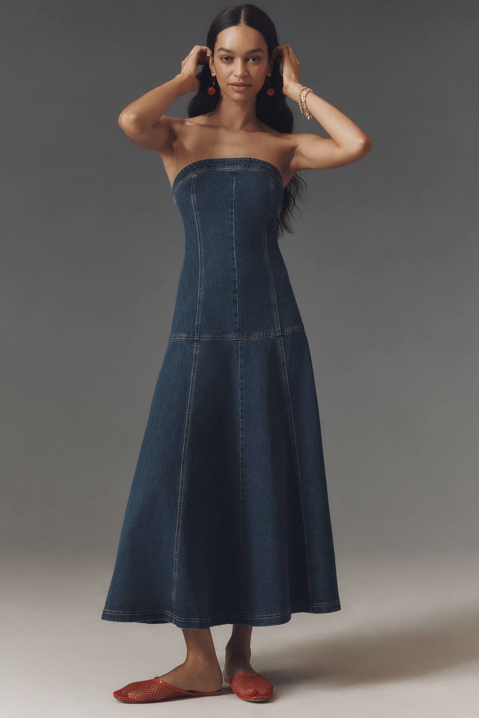 Pilcro Strapless Drop-Waist Denim Midi Dress