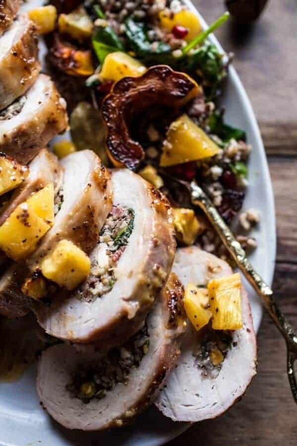 Pineapple Glazed Pork Roast with Bacon Wild Rice Stuffing