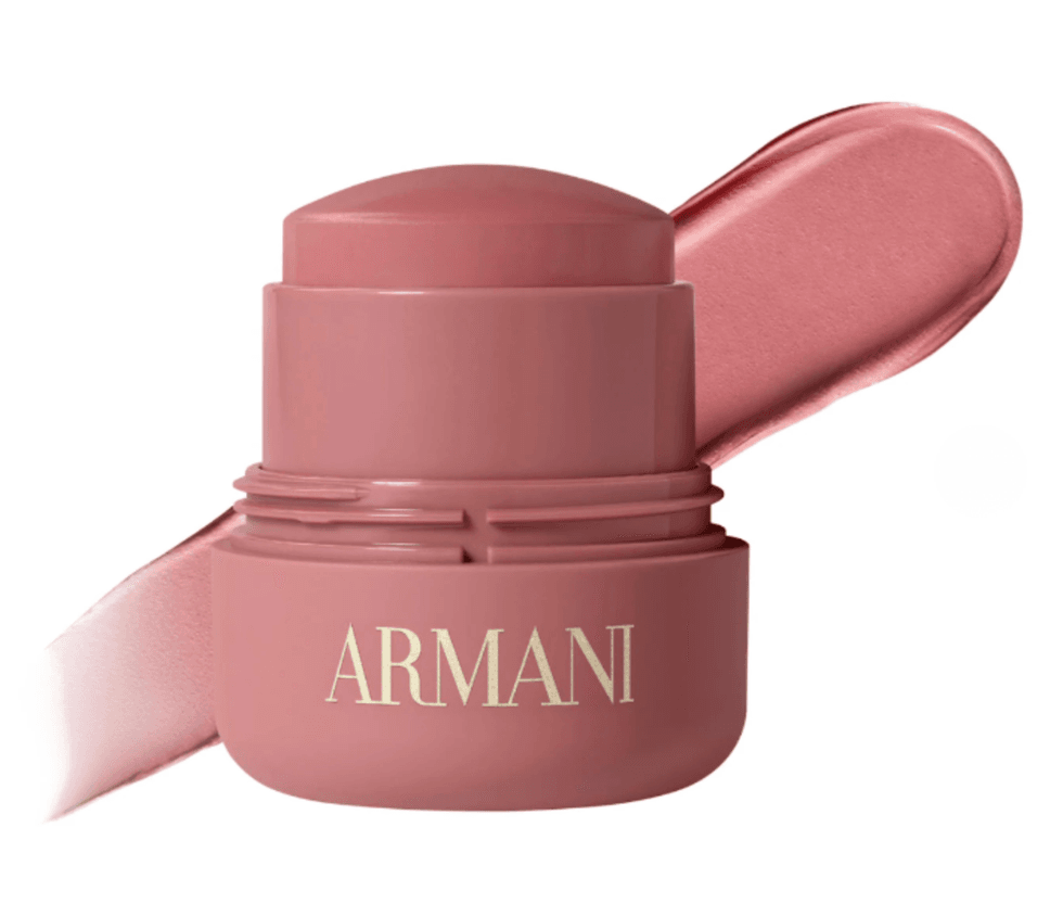 Pink Armani makeup stick with matching swatch in background.