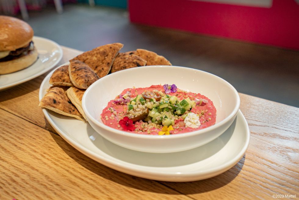 pink beet hummus with pita