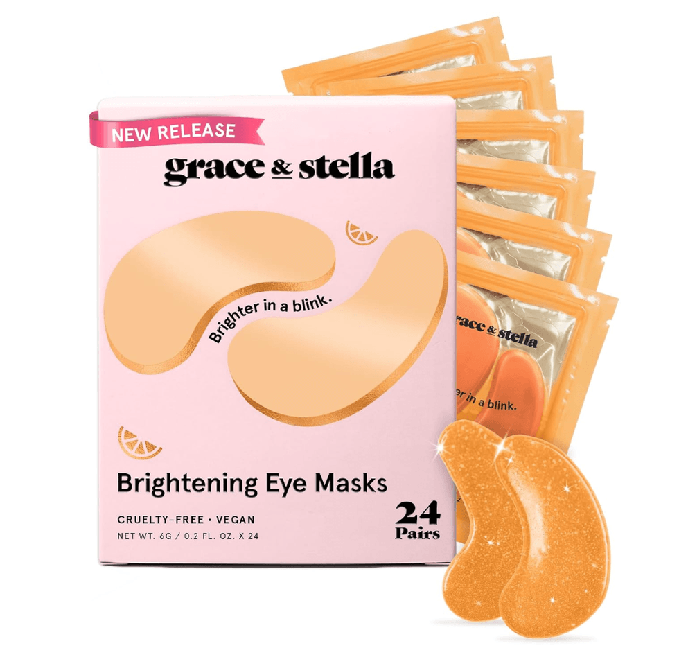 Pink box of "Grace & Stella" brightening eye masks with individual packets shown.