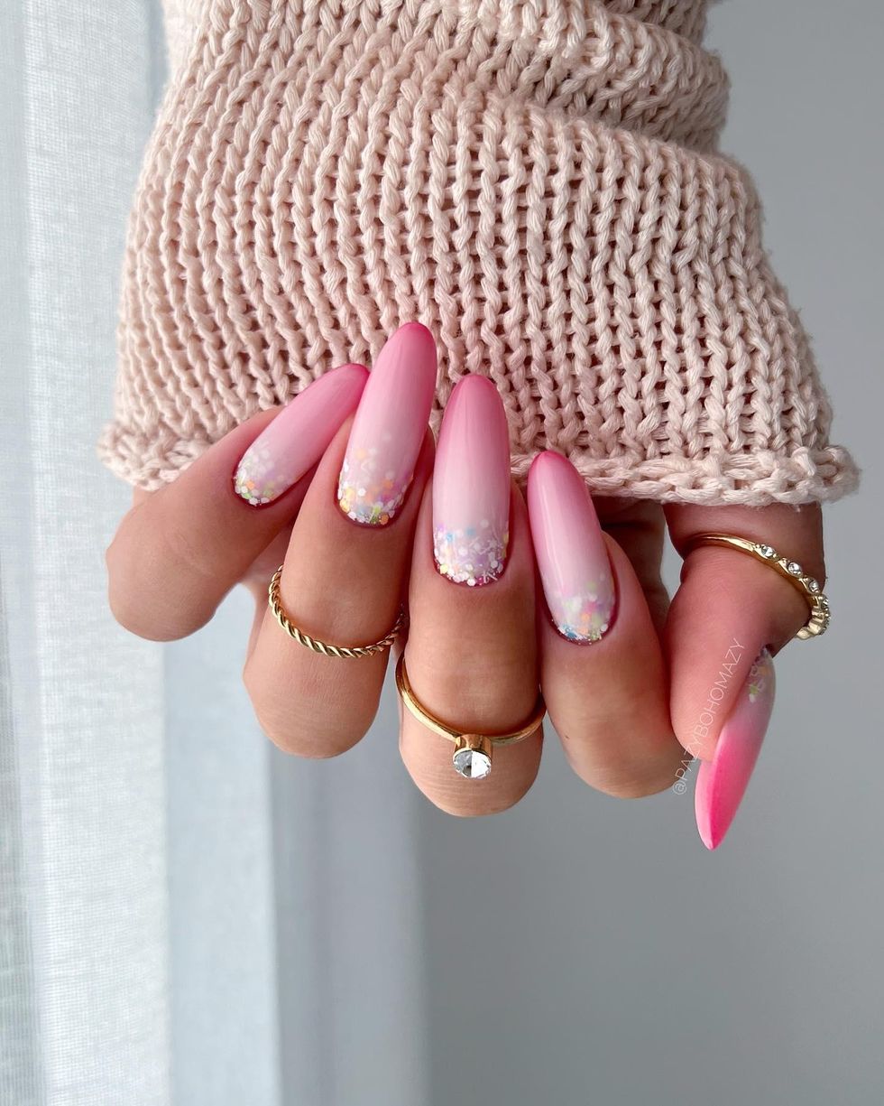 pink confetti ombr\u00e9 wedding nails