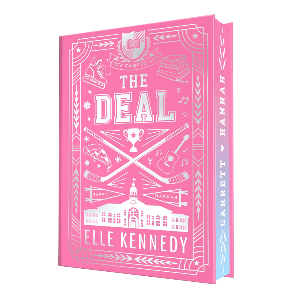 Pink cover of "The Deal" by Elle Kennedy, with hockey and guitar illustrations.