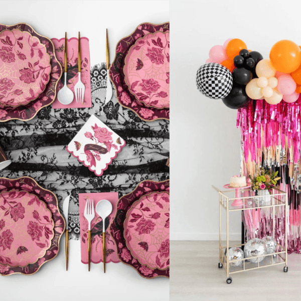 Pink floral table setting and ghost balloon decor with colorful streamers.