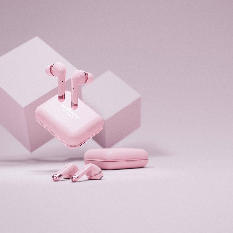 Pink Happy Plugs wireless earbuds