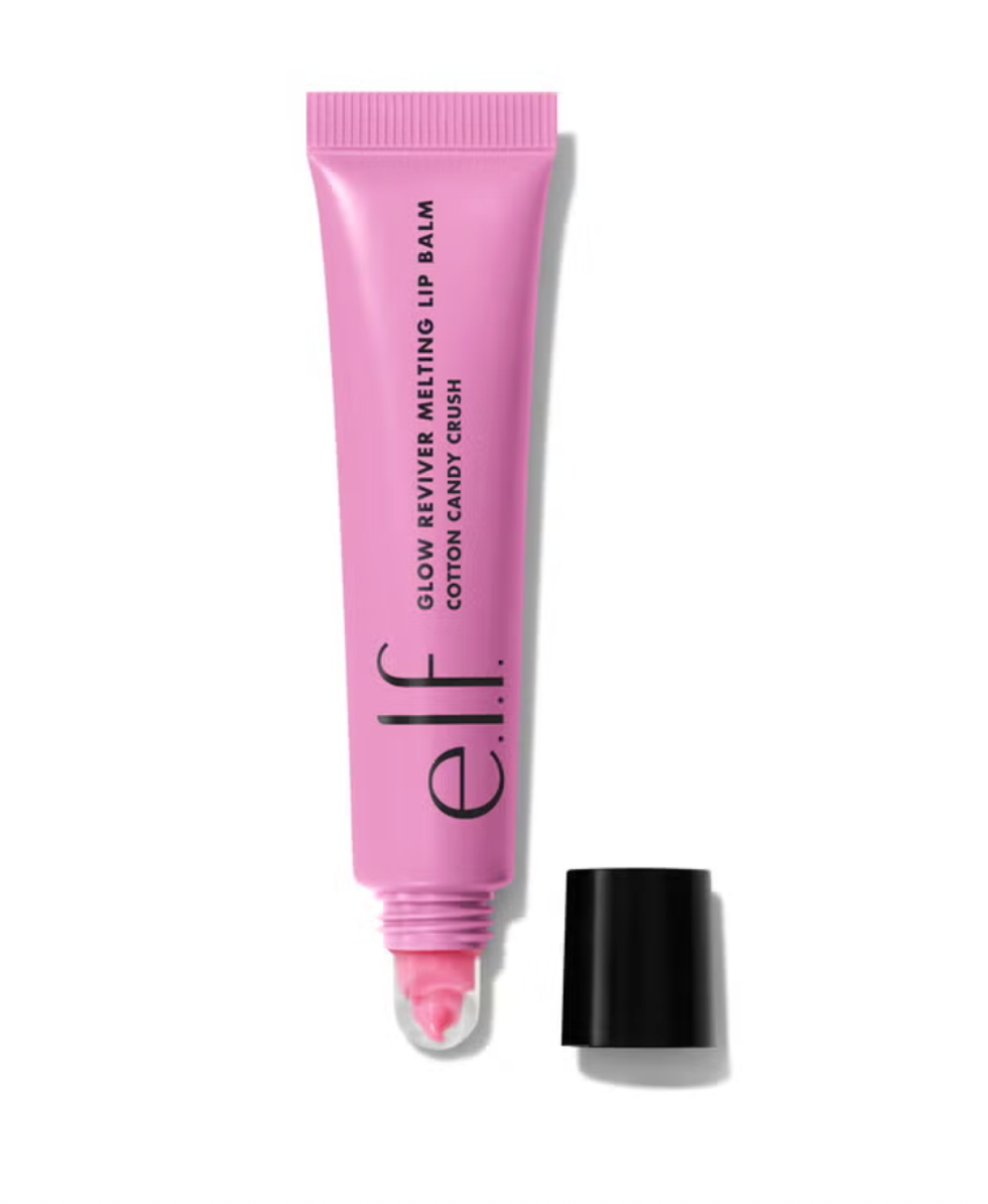 Pink lip balm tube with black cap, labeled "Glow Reviver Melting Lip Balm."