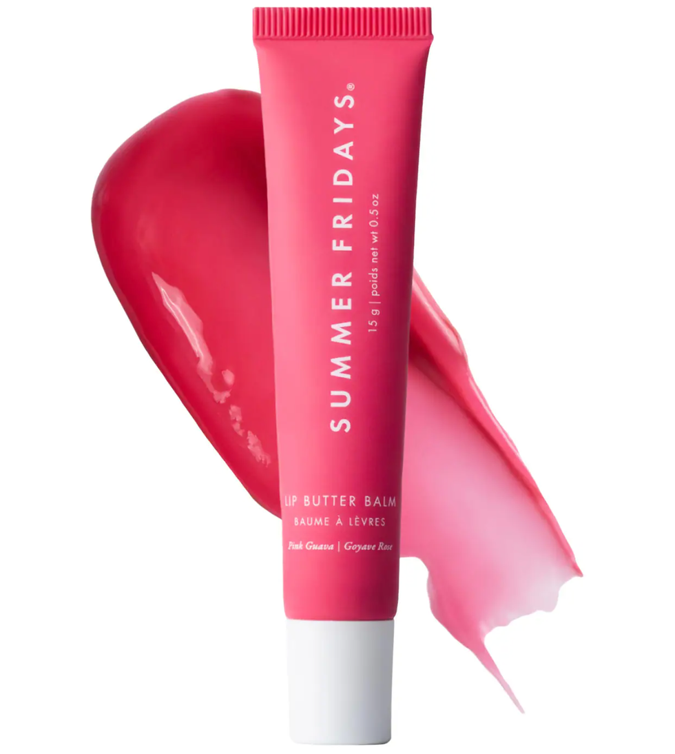 Pink lip balm tube with smears, labeled "Summer Fridays Lip Butter Balm."