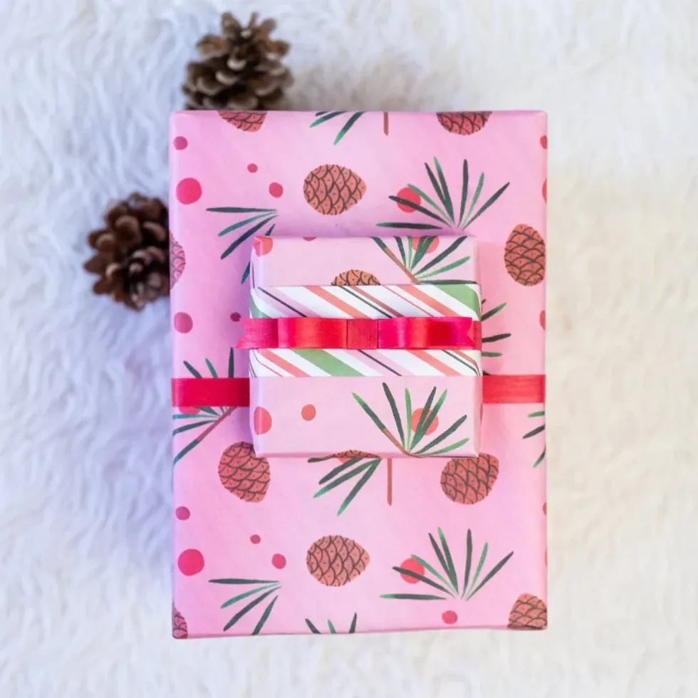 Pink Pinecone Christmas Gift Wrapping Paper