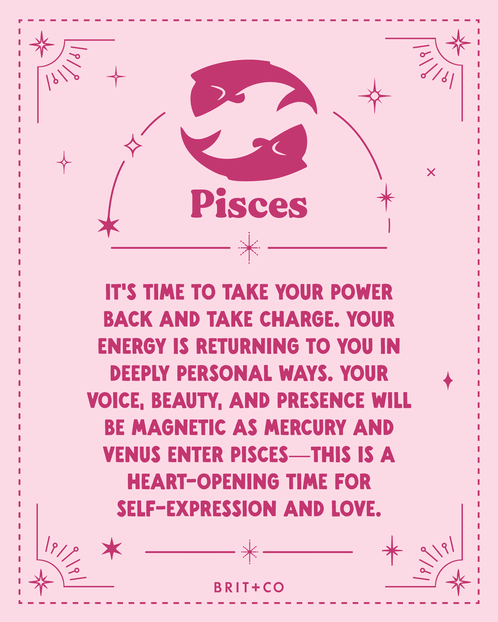 Pink Pisces horoscope design with text about self-expression and love.