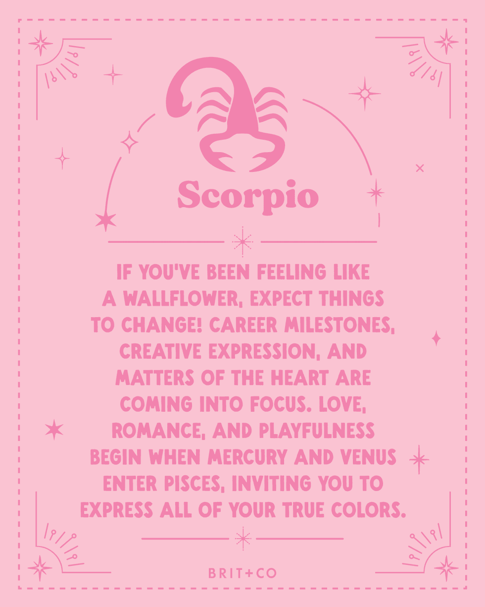 Pink Scorpio horoscope with a scorpion graphic and text on career and love changes.