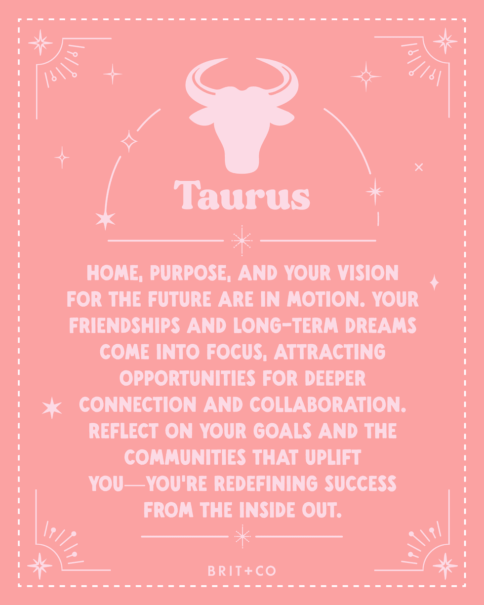 Pink Taurus horoscope graphic with motivational text and bull symbol.