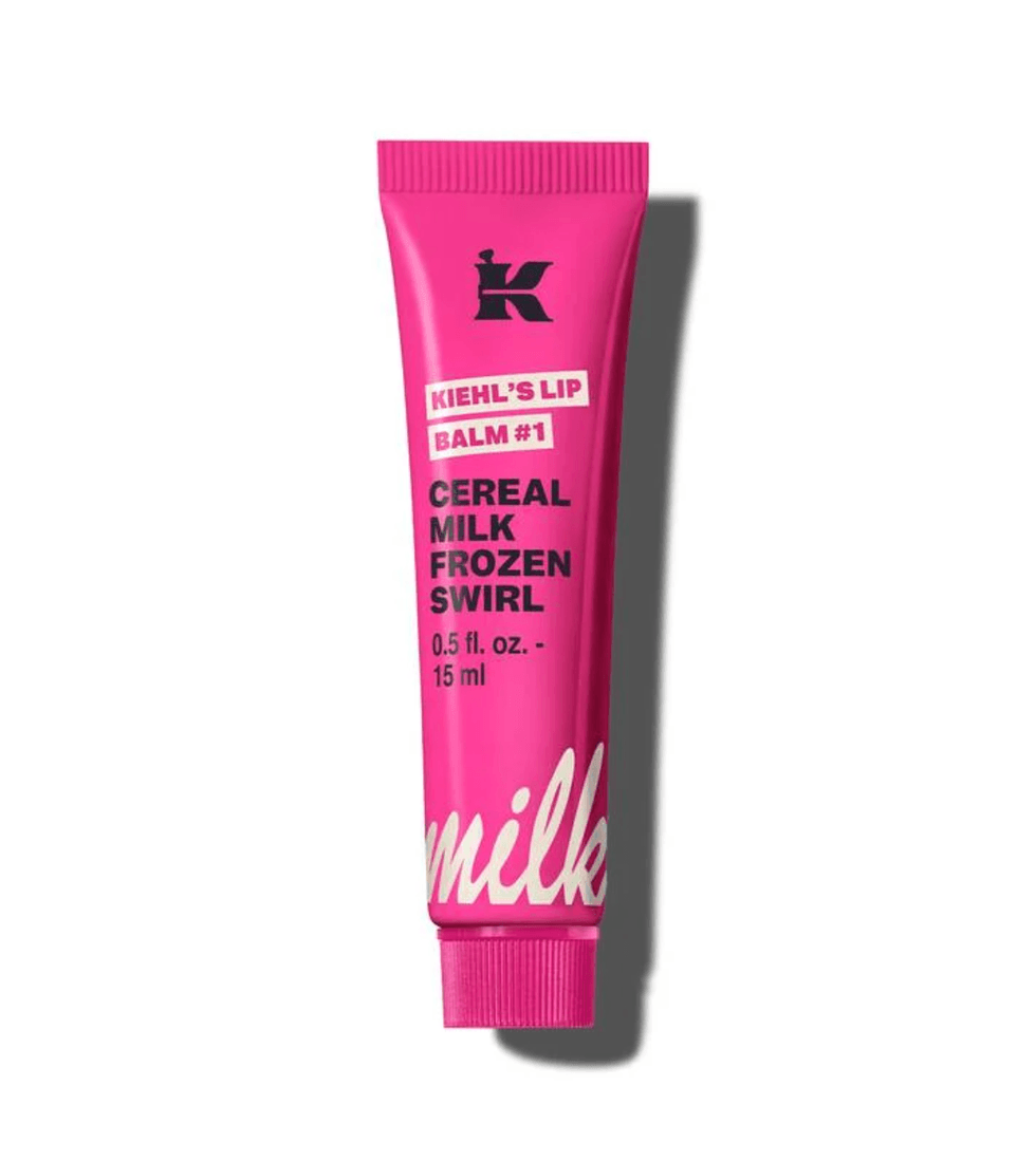 Pink tube of lip balm labeled "Cereal Milk Frozen Swirl" by Kiehl's, 15 ml size.