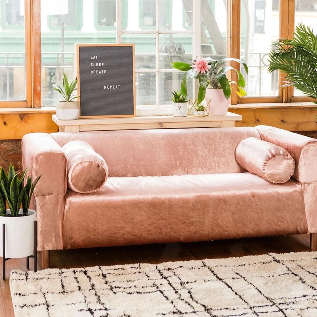 pink velvet couch in the living room Anthropologie diys