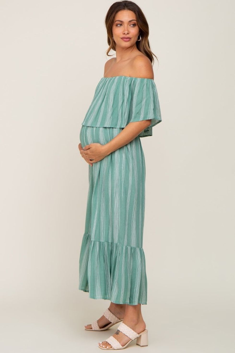 PinkBlush Green Striped Off Shoulder Maternity Jumpsuit stylish maternity clothes for summer