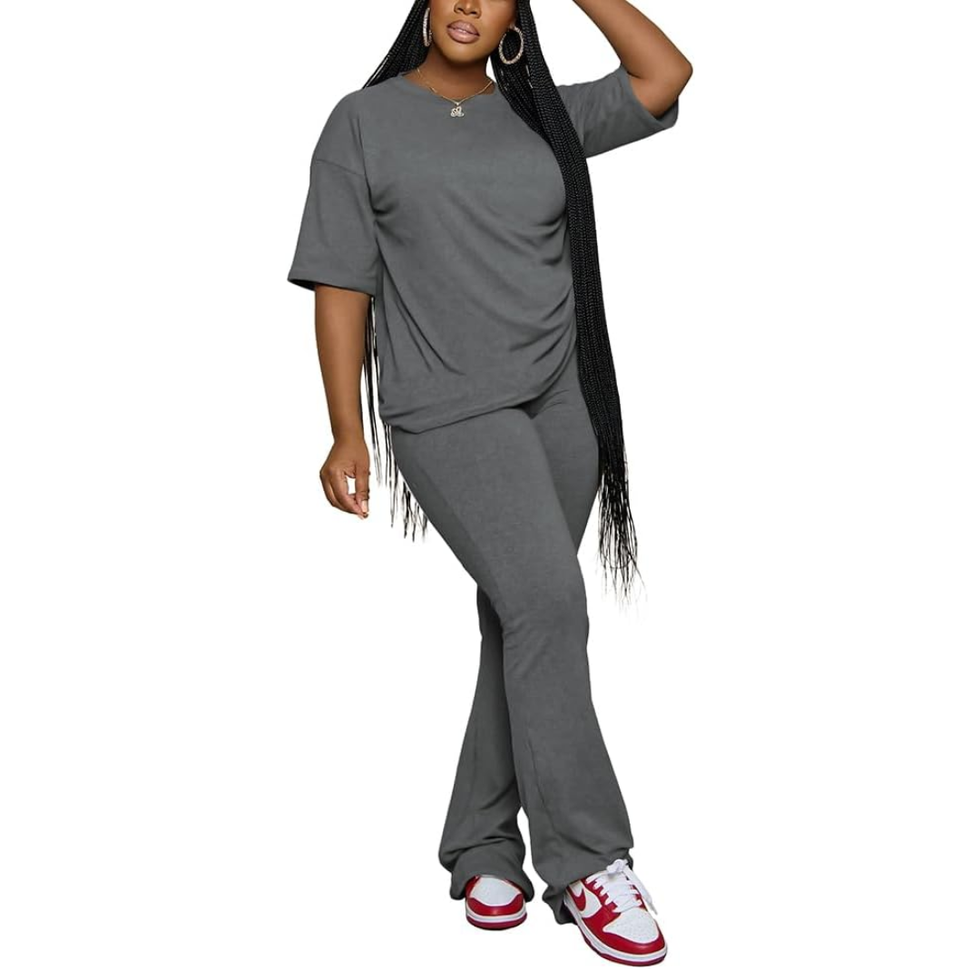 Pinsv Short Sleeve Top & Flare Pants Lounge Set