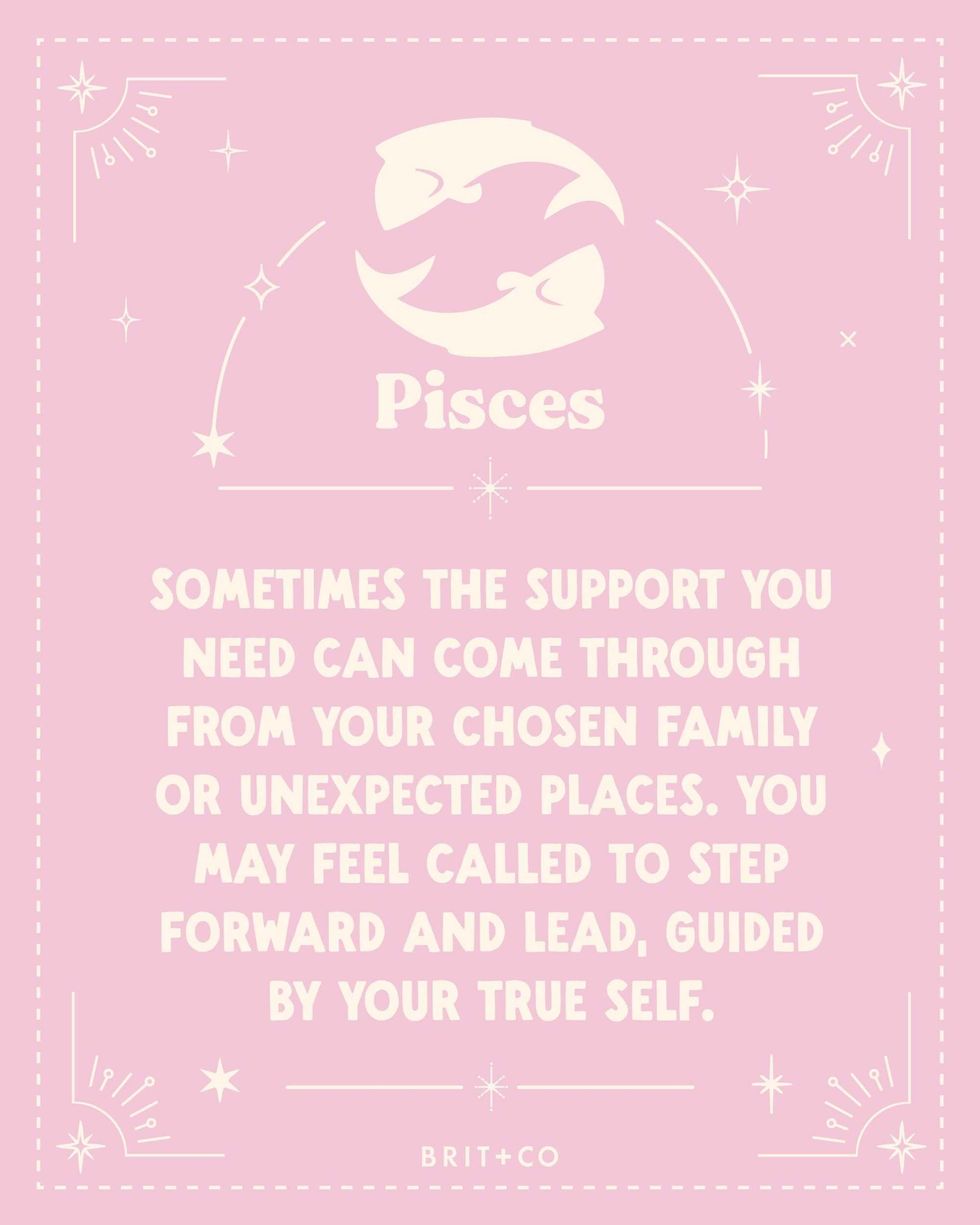 Pisces horoscope quote on pink background with zodiac fish symbols and stars.