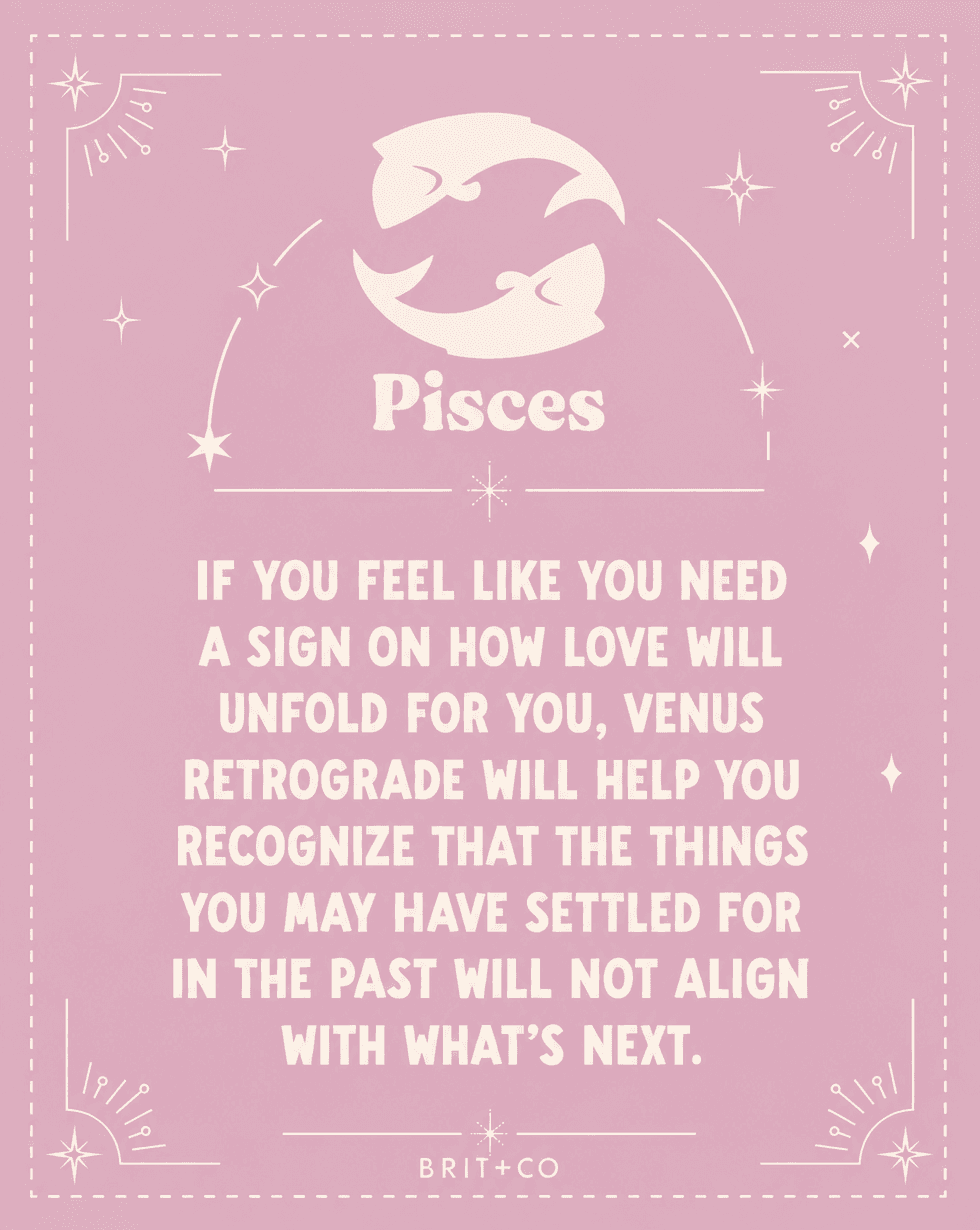 Pisces horoscope with a focus on love and Venus retrograde on a pink background.