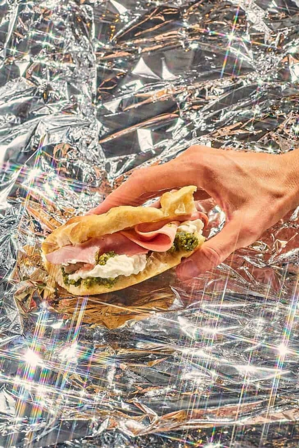 Pizza Bianca with Mortadella, Burrata & Pistachio Pesto