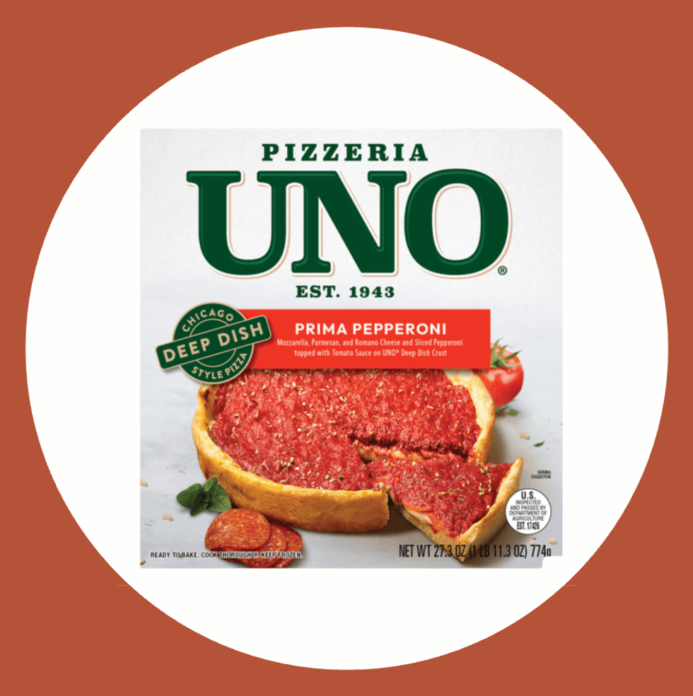 Pizzeria Uno Prima Pepperoni Deep Dish Pizza packaging with a sliced pizza image.