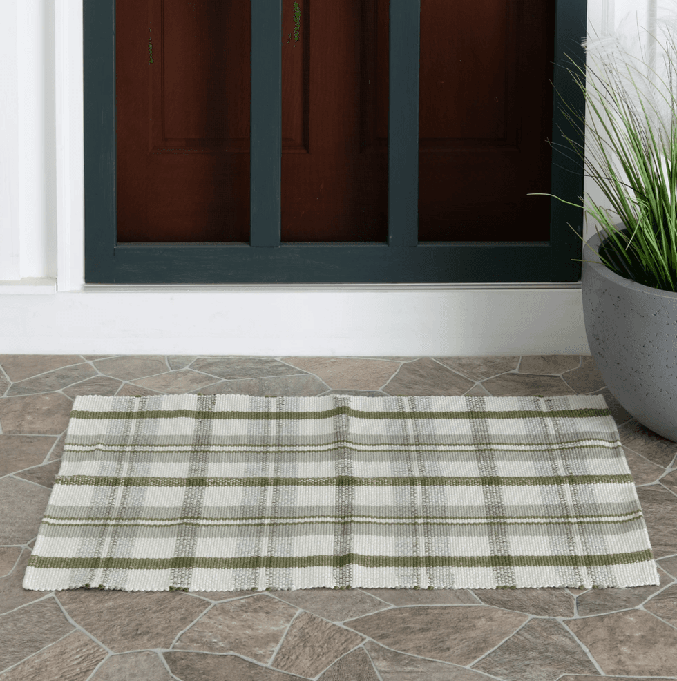 Plaid mat on a tiled porch with a potted plant by a wooden door.