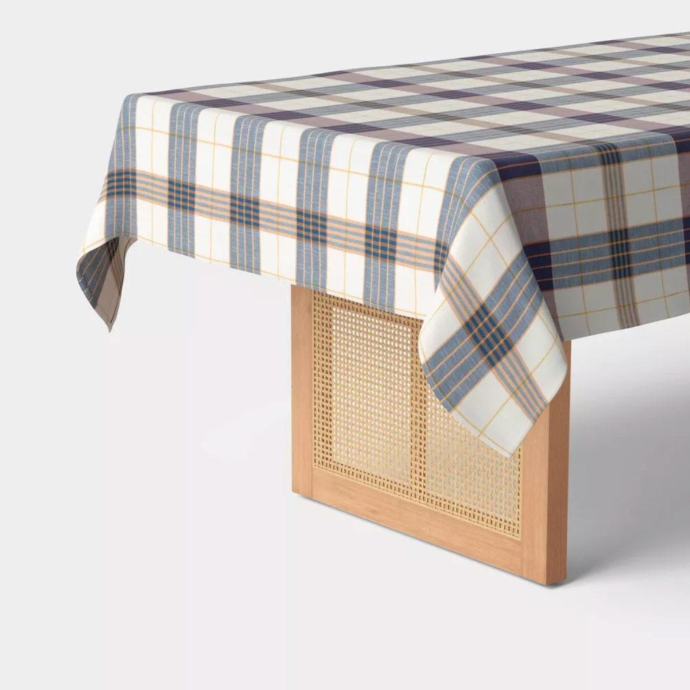 Plaid tablecloth on a table with a cane and wood panel leg.