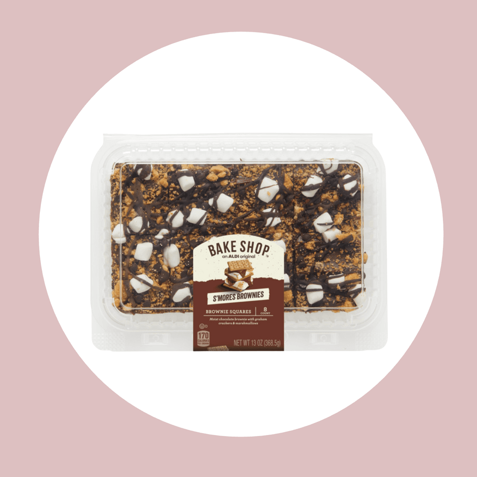 Plastic container with Bake Shop S'mores Brownies on a pink background.
