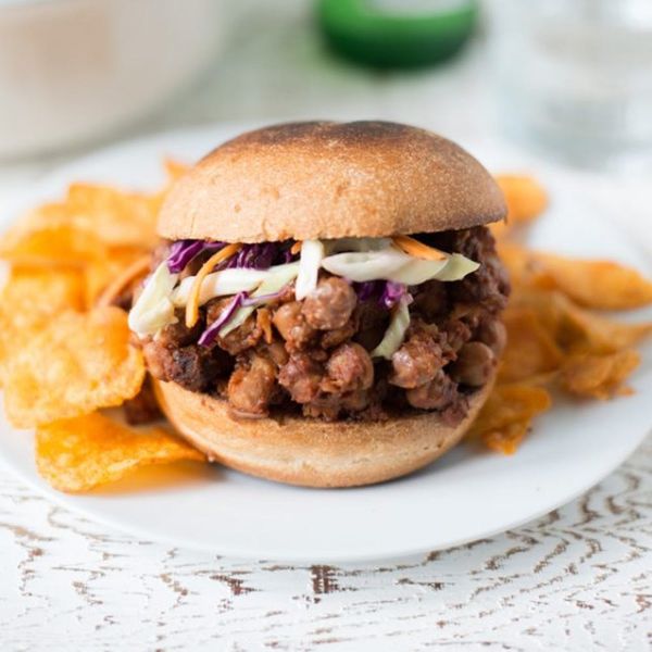 Plate of Slow-Cooked BBQ Chickpeas with chips on the side