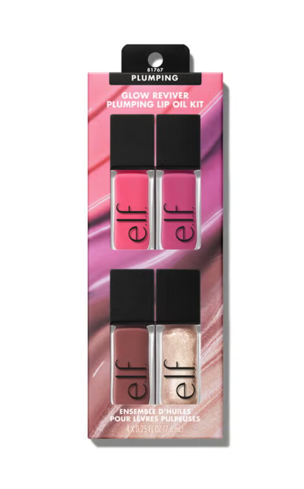 Plumping Lip Oil Kit with four shades, pink background.