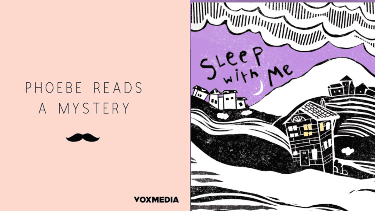Podcast cover: "Phoebe Reads a Mystery" and "Sleep with Me" with scenic illustrations.