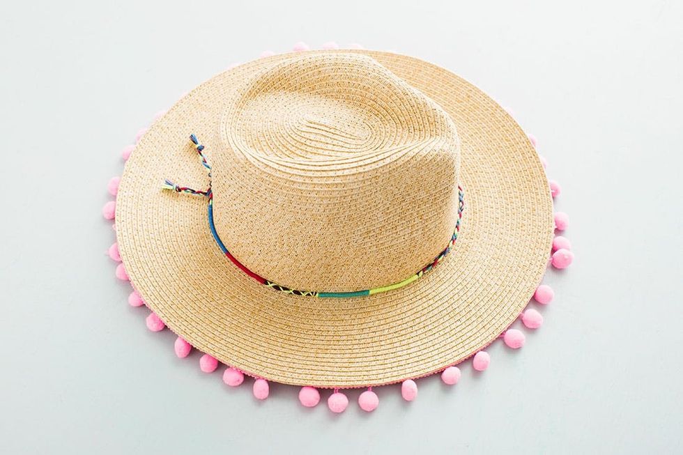 pom pom ribbon diy hat with rainbow accent