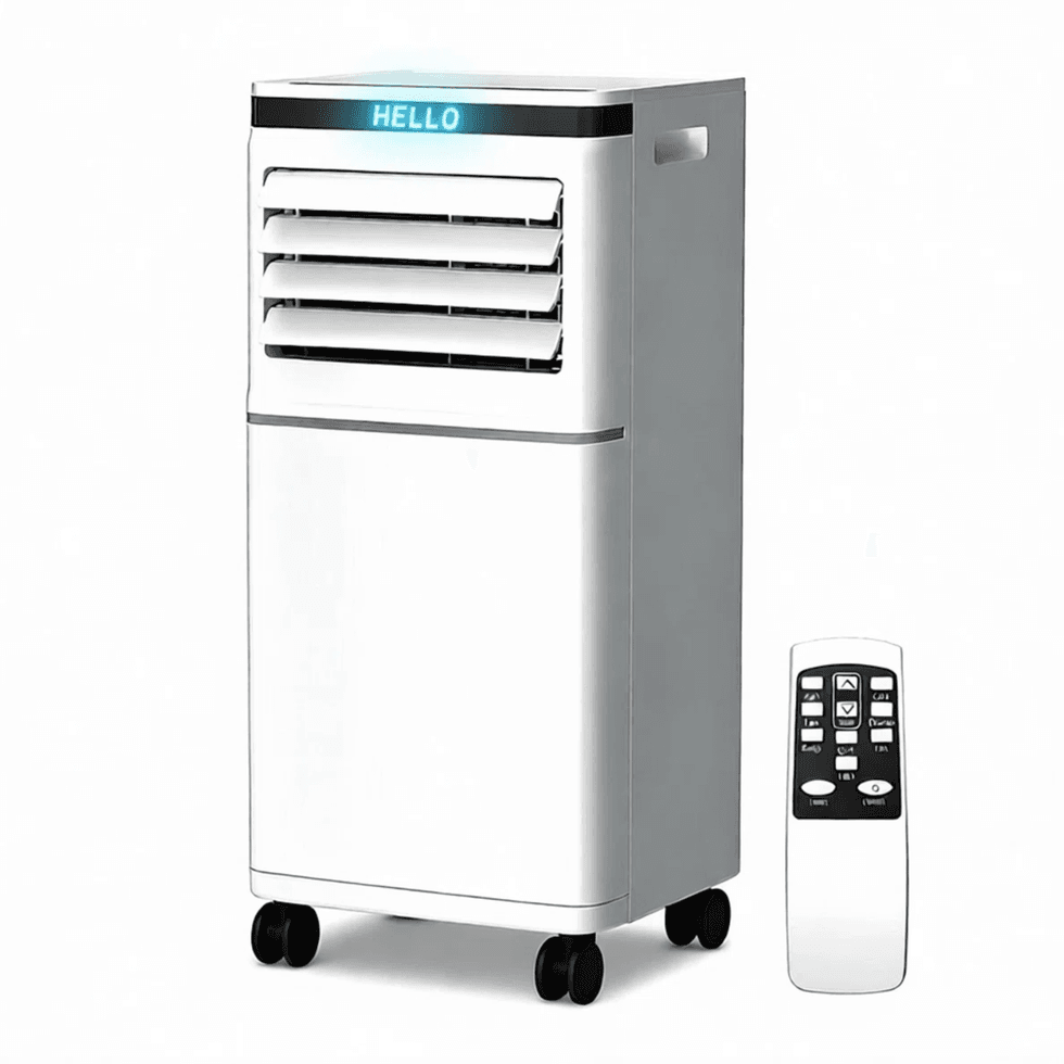 Portable air cooler with remote control, displaying "HELLO" on top panel.