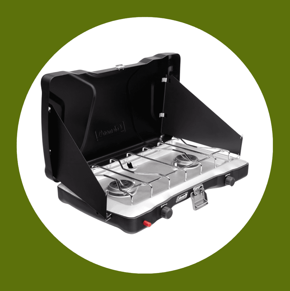 Portable camping stove with two burners, black case, and protective windscreens.