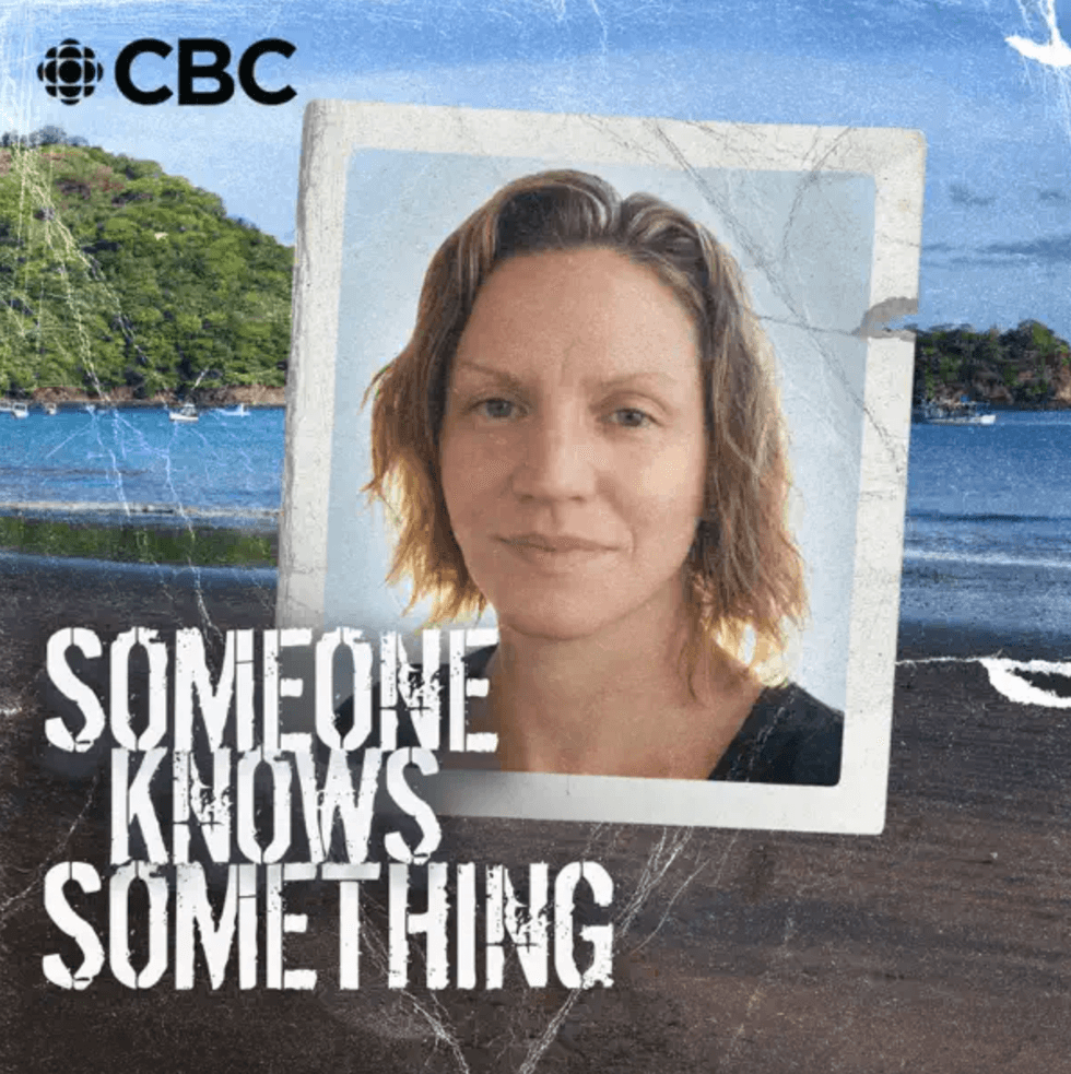 Portrait on beach backdrop with "Someone Knows Something" text and CBC logo.