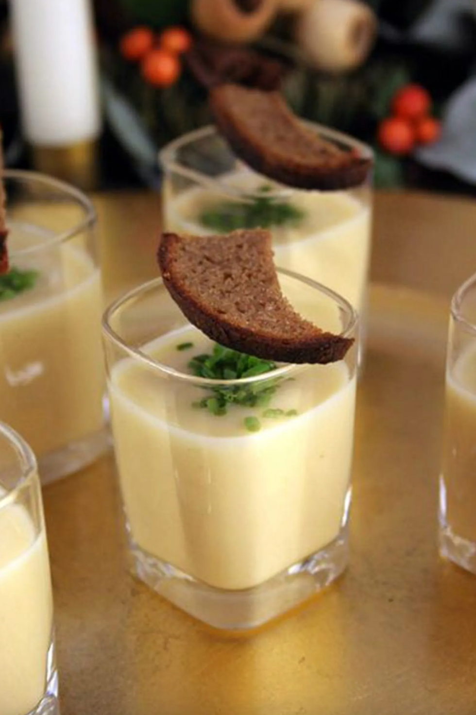 Potato and Blue Cheese Soup Shots With Garlic Butter Ryes