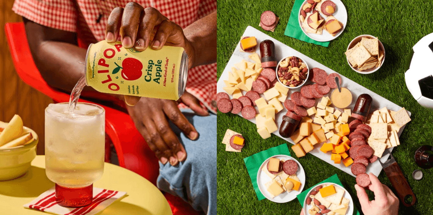 Pouring apple soda into a glass; cheese and sausage platter on grass.