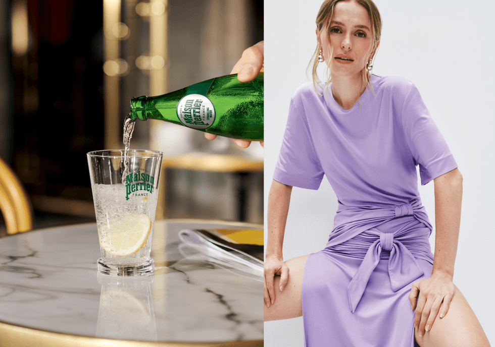 Pouring Perrier into a glass with lemon; woman in a lavender dress sits confidently.