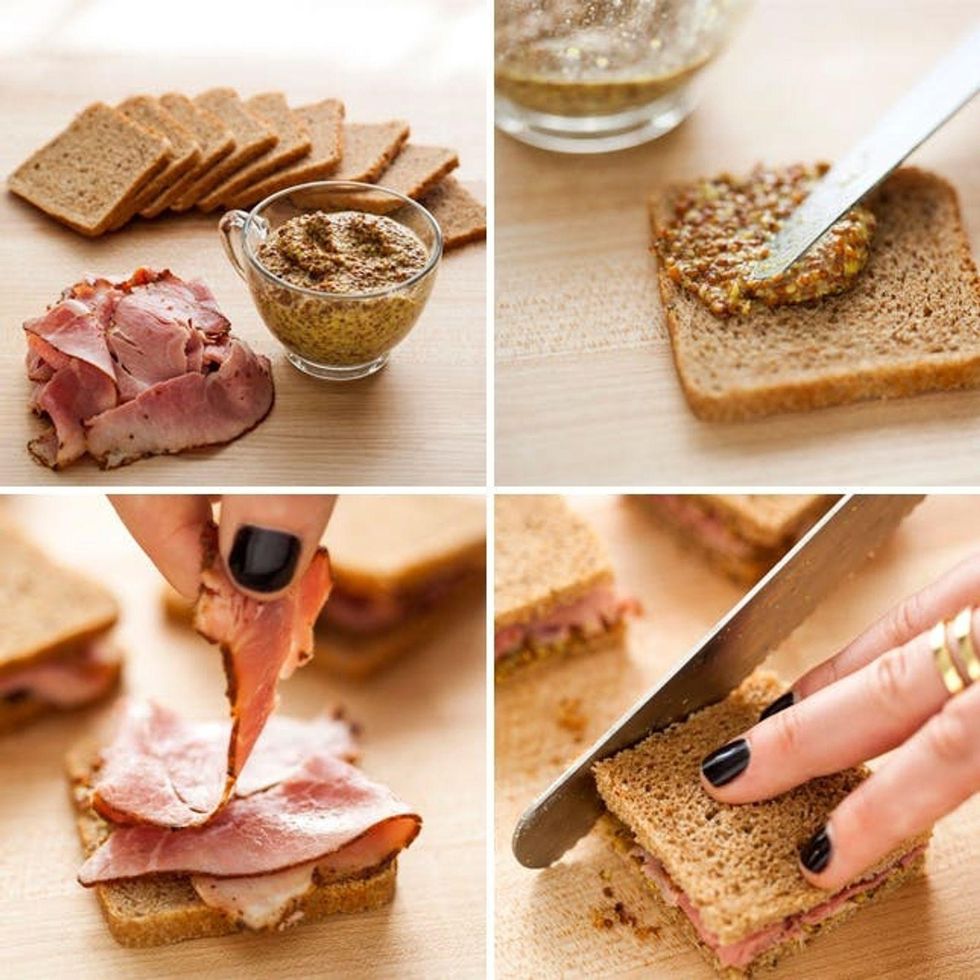 preparing the ham and mustard sandwich