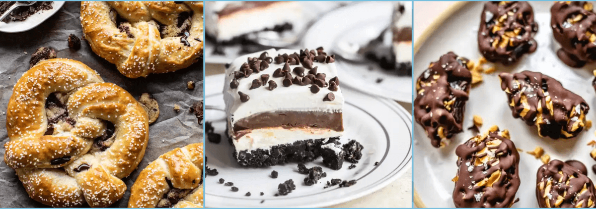 Pretzels, layered dessert, and chocolate-covered treats arranged in a collage.
