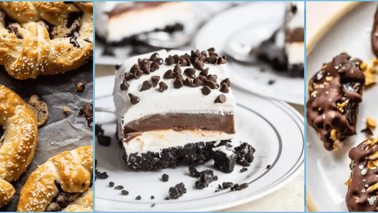 Pretzels, layered dessert, and chocolate-covered treats arranged in a collage.