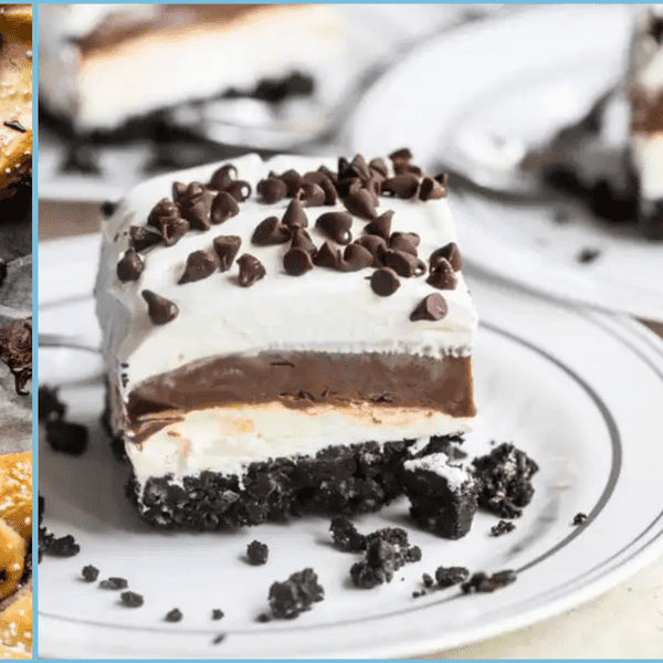 Pretzels, layered dessert, and chocolate-covered treats arranged in a collage.