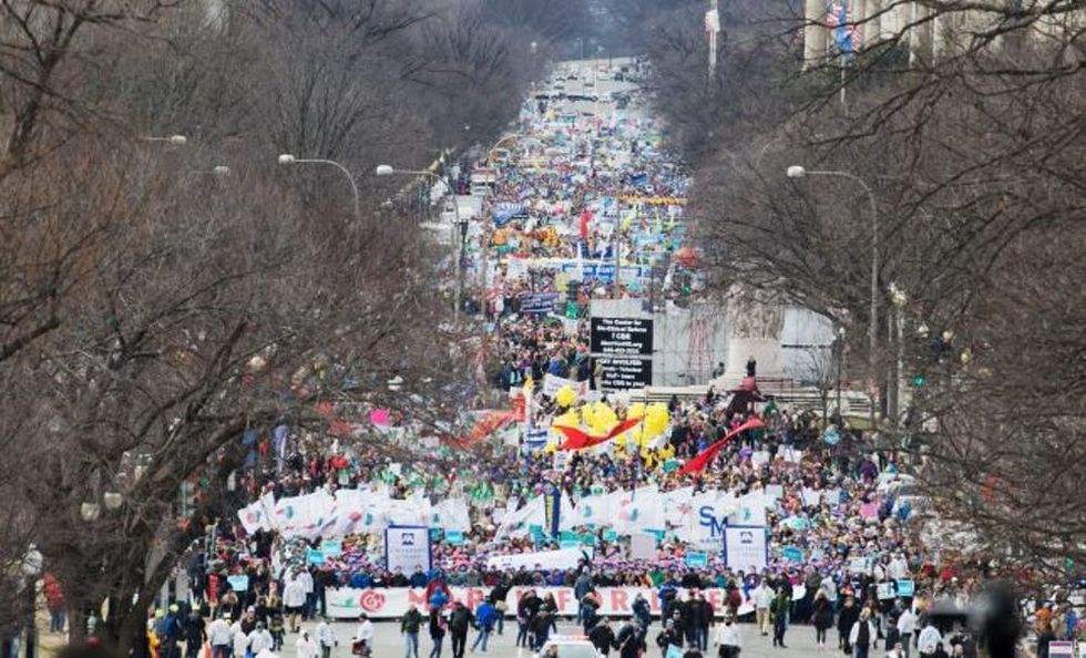 Pro-life demonstrators march towards the US Supreme Court during the 44th annual March for Life in Washington, DC, on January 27, 2017. Anti-abortion advocates descended on the US capital on Friday for an annual march expected to draw the largest crowd in years, with the White House spotlighting the cause and throwing its weight behind the campaign. / AFP / Tasos Katopodis (Photo credit should read TASOS KATOPODIS/AFP/Getty Images)